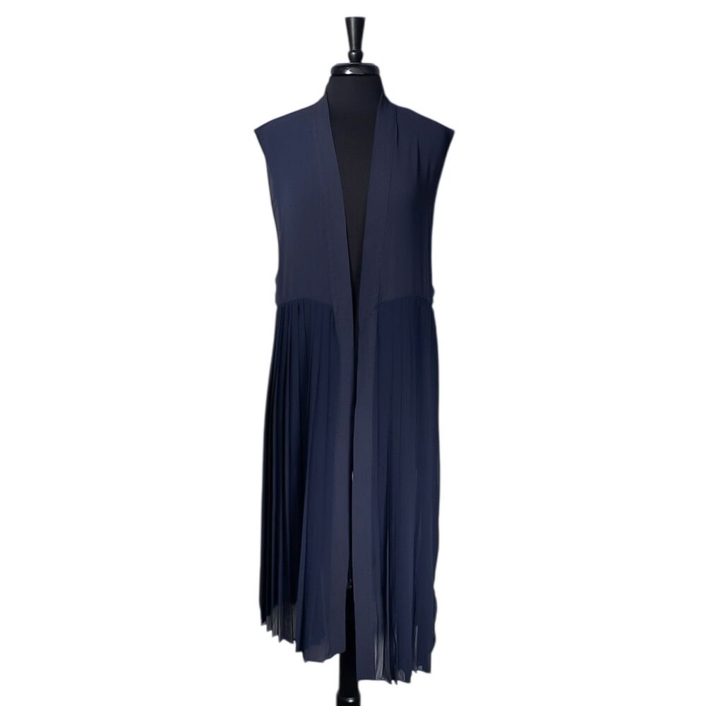 Free People Womens Navy Pleated Duster Kimono Open Front Sheer Boho Long Vest